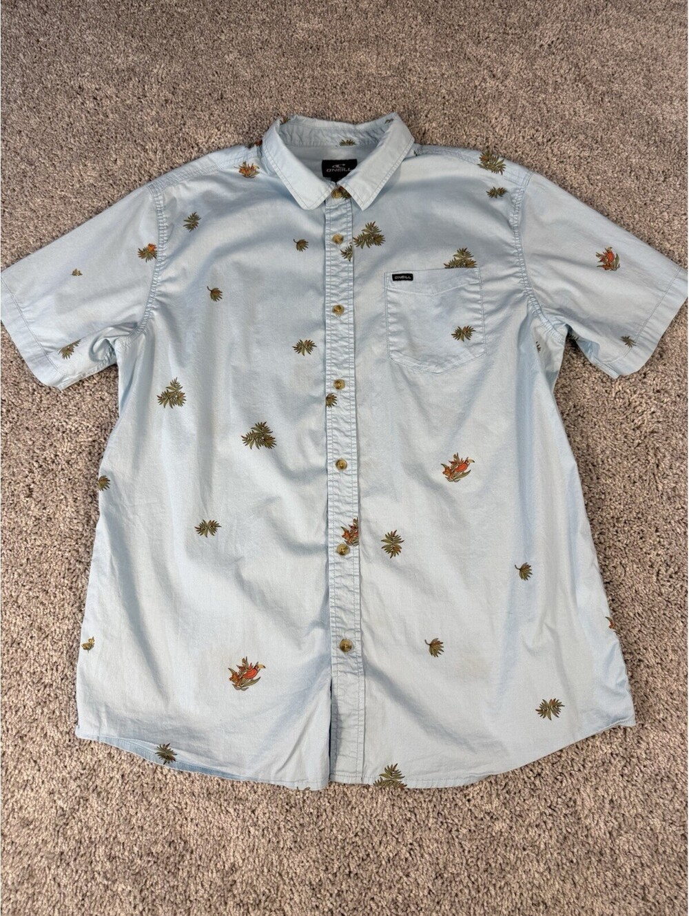 MEN'S O'NEILL TOUCAN DUET SHIRT LIGHT BLUE COLLAR BUTTON SHORT SLEEVE Size M